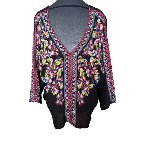 Rose + Olive Black Boho Floral V-Neck Tunic Blouse L 100% Polyester - Picture 4 of 6